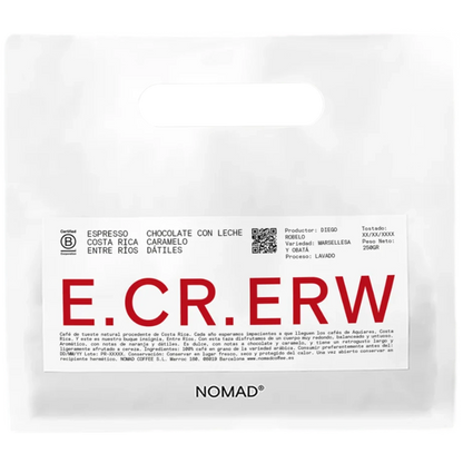 Vit Nomad Coffee-påse Costa Rica Entre Rios Espresso 250g med stor blå E.CR.ERW-text