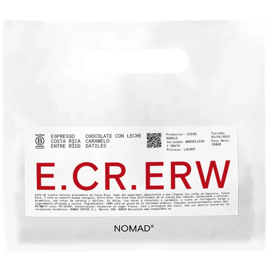 Vit Nomad Coffee-påse Costa Rica Entre Rios Espresso 250g med stor blå E.CR.ERW-text