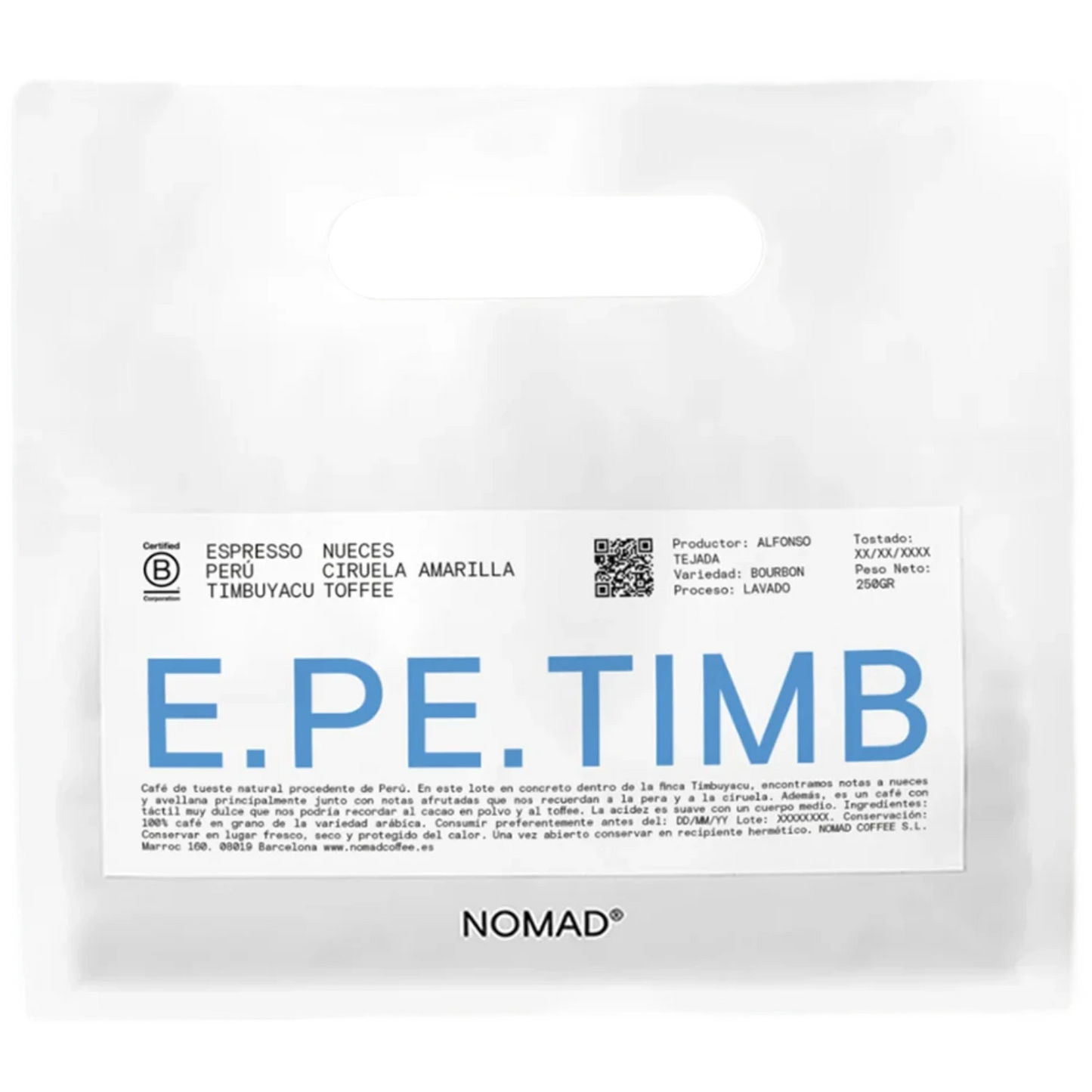 Vit Nomad Coffee-påse Peru Timbuyacu Espresso 250g med stor blå E.PR.TIMB-text