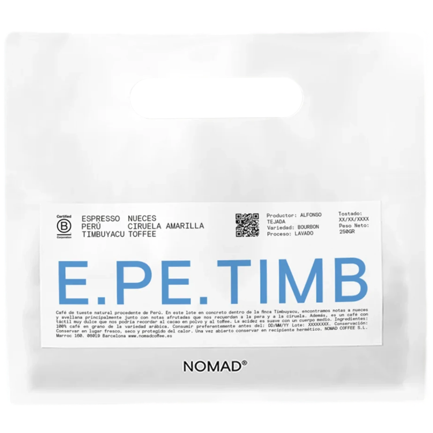 Vit Nomad Coffee-påse Peru Timbuyacu Espresso 250g med stor blå E.PR.TIMB-text