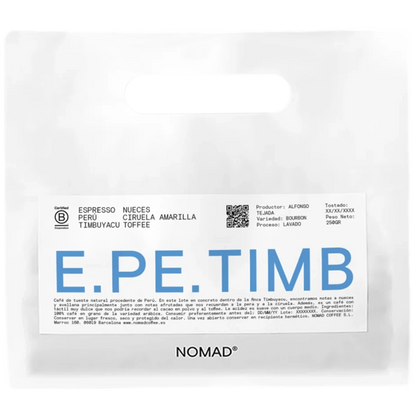 Vit Nomad Coffee-påse Peru Timbuyacu Espresso 250g med stor blå E.PR.TIMB-text