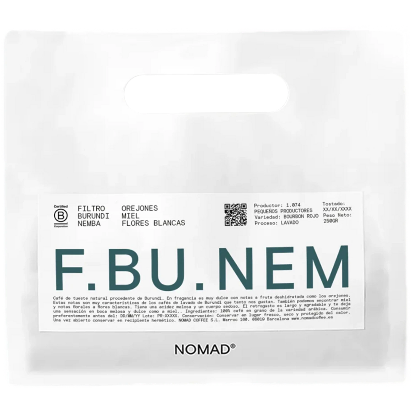 Vit Nomad Coffee-påse Burundi Nemba Filter 250g med stor blå F.BU.NEM-text