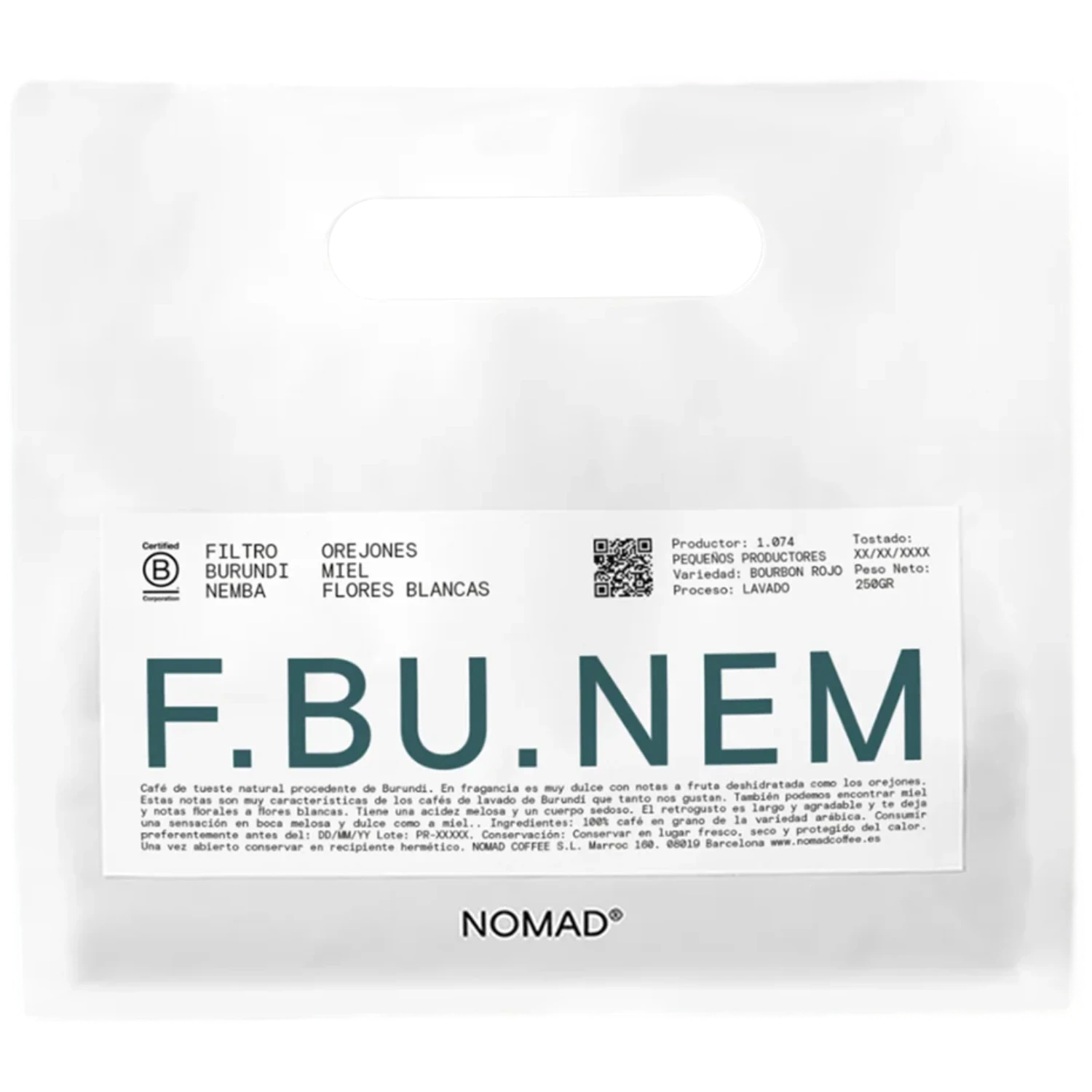 Vit Nomad Coffee-påse Burundi Nemba Filter 250g med stor blå F.BU.NEM-text