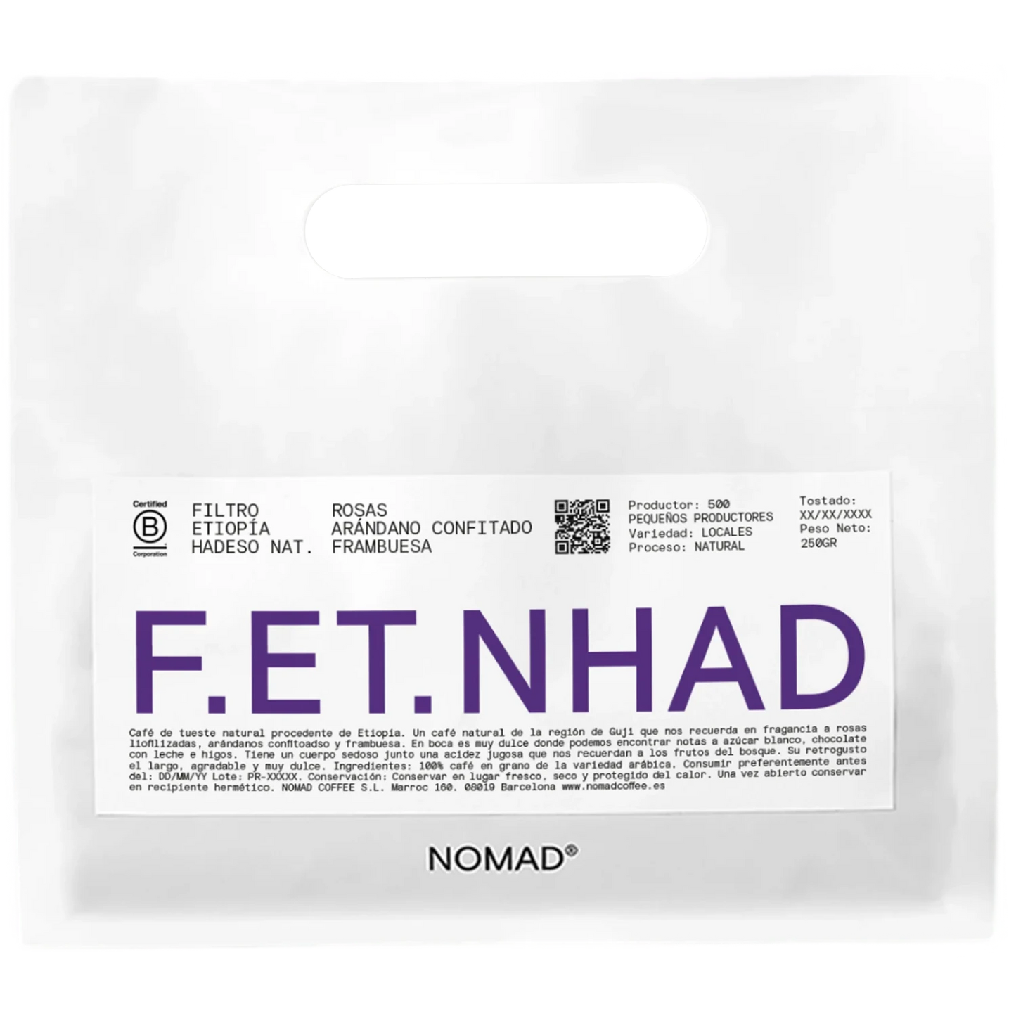 Vit Nomad Coffee-påse Etiopien Hadeso Nat. Filter 250g med stor blå F.ET.NHAD-text
