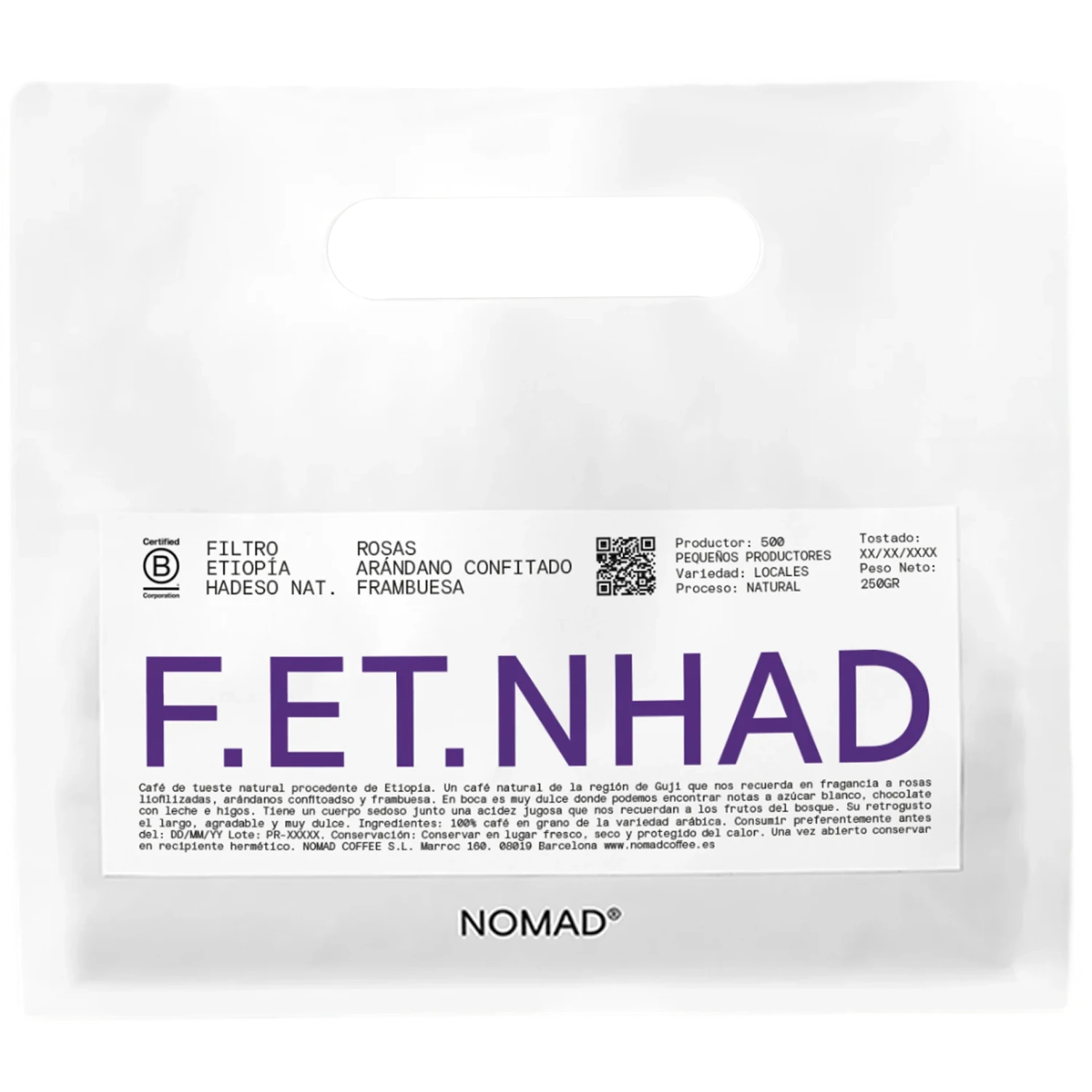 Vit Nomad Coffee-påse Etiopien Hadeso Nat. Filter 250g med stor blå F.ET.NHAD-text