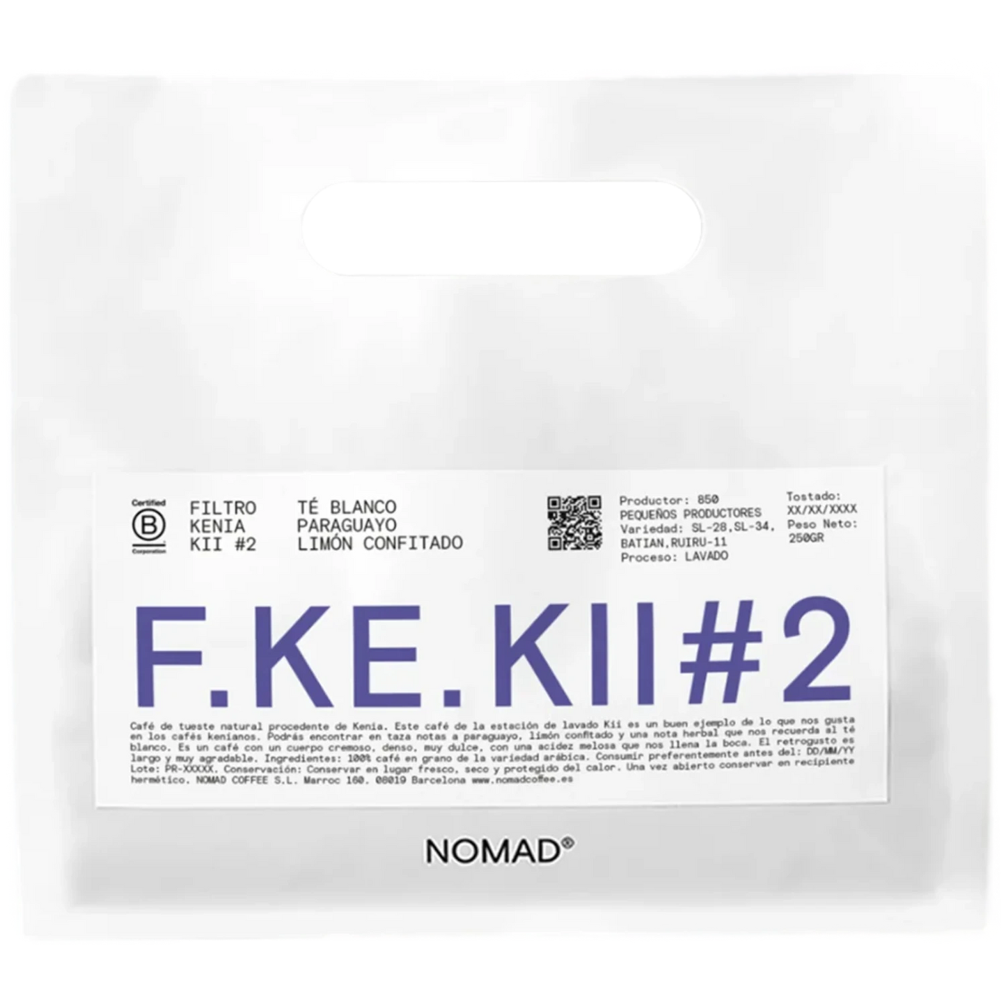 Vit Nomad Coffee-påse Kenia KII #2 Filter 250g med stor blå F.KE.KII#2-text