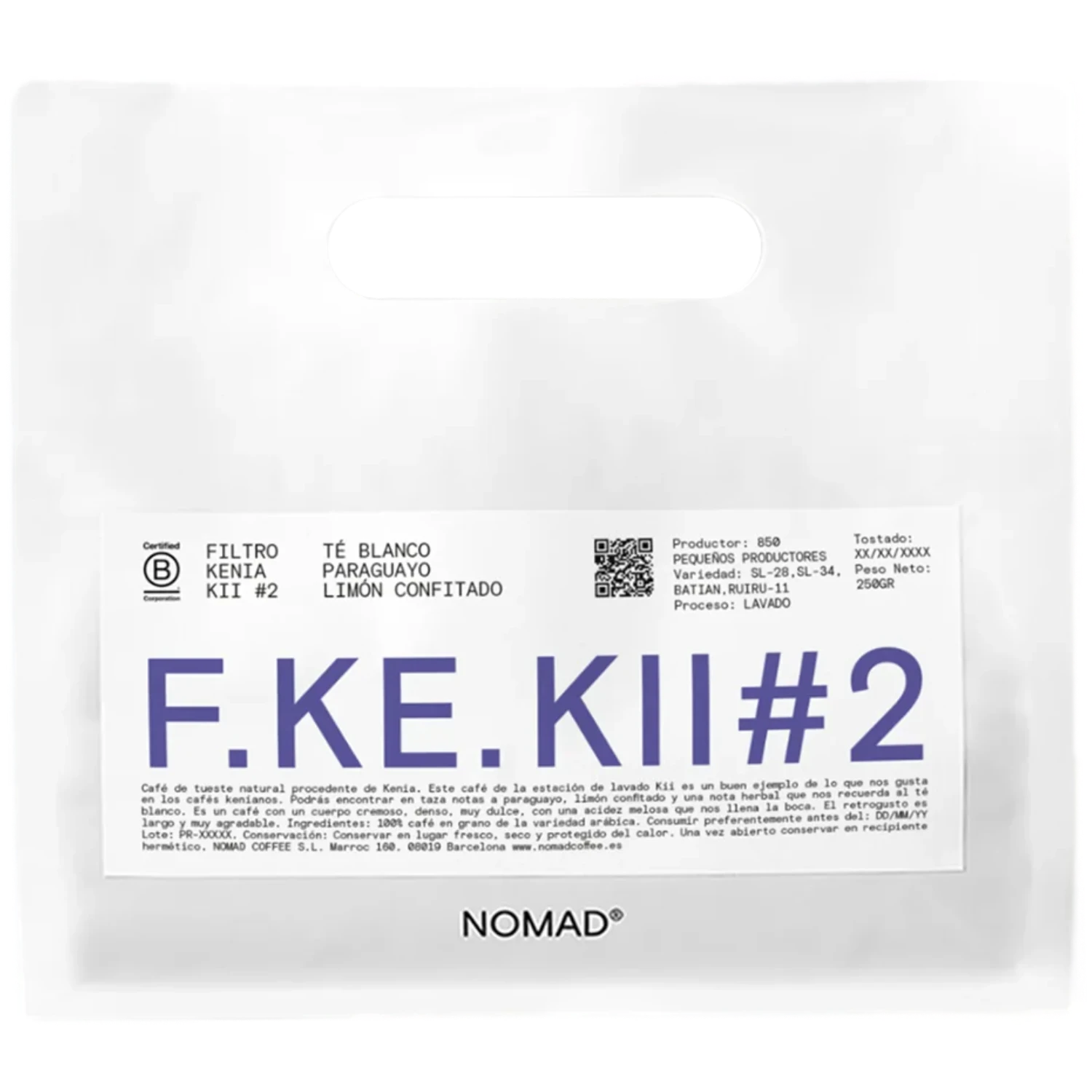 Vit Nomad Coffee-påse Kenia KII #2 Filter 250g med stor blå F.KE.KII#2-text