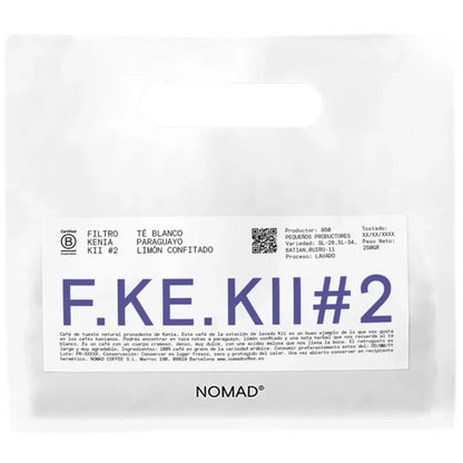 Vit Nomad Coffee-påse Kenia KII #2 Filter 250g med stor blå F.KE.KII#2-text