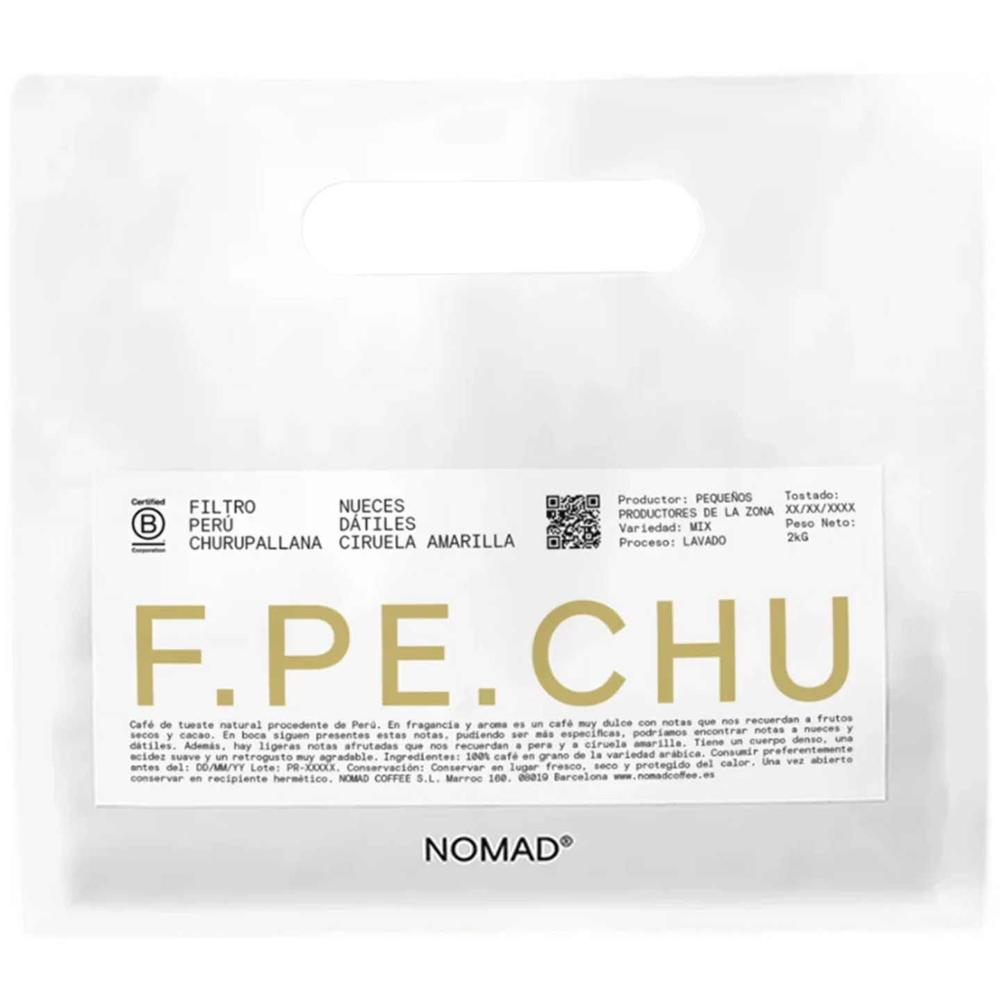 Vit Nomad Coffee-påse Peru Churupallana Filter 250g med stor blå F.PE.CHU-text