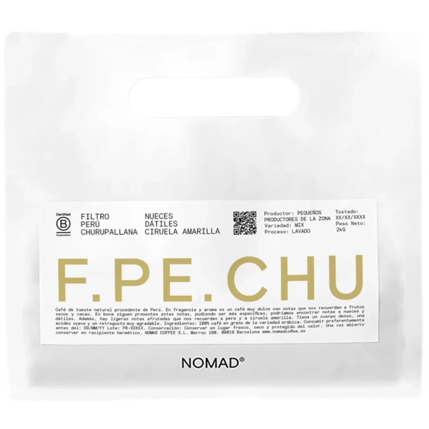 Vit Nomad Coffee-påse Peru Churupallana Filter 250g med stor blå F.PE.CHU-text
