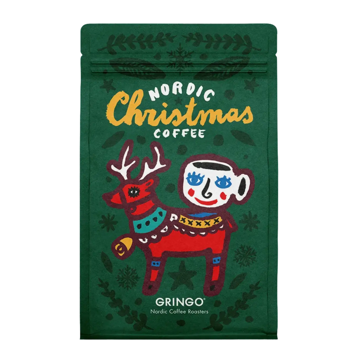 A green Gringo Nordic Christmas Coffee bag featuring a festive illustration of a red reindeer and a white mug with blue eyes, on a white background.