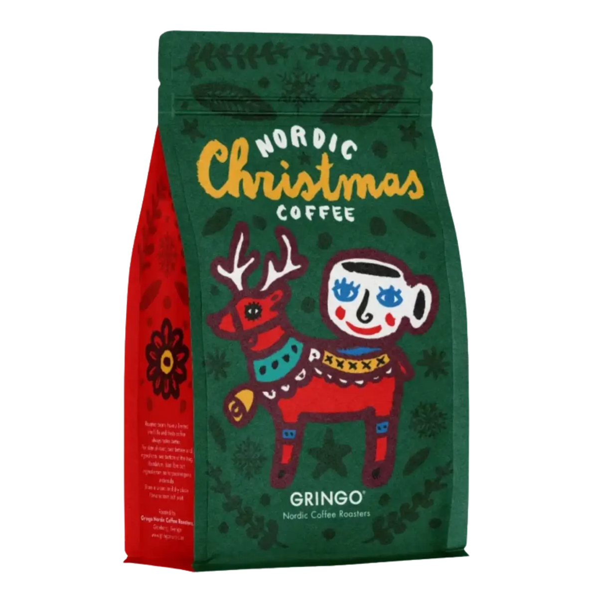 A stand-up coffee bag labeled 'Nordic Christmas Coffee' by Gringo, featuring a dark green front with a stylized red reindeer, yellow script text, and a red side panel on a white background.