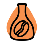 A stylized orange teardrop-shaped icon with a black outline and a coffee bean graphic in the center, shown on a plain white background.