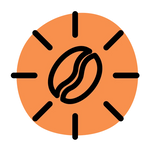 An orange circular icon featuring a black coffee bean outline surrounded by eight black rays, set against a solid black background.