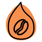 An orange droplet-style icon with a black outline and a coffee bean illustration in the center, shown on a plain white background.