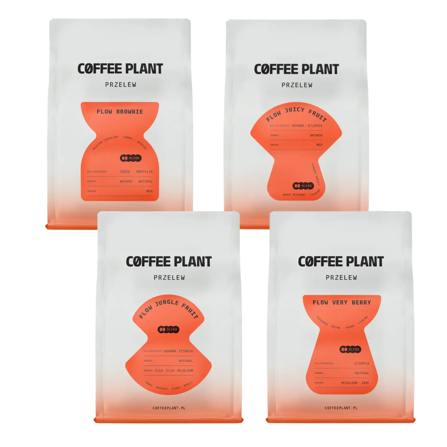 Fyra kaffepåsar från COFFEE PLANT på vit bakgrund.