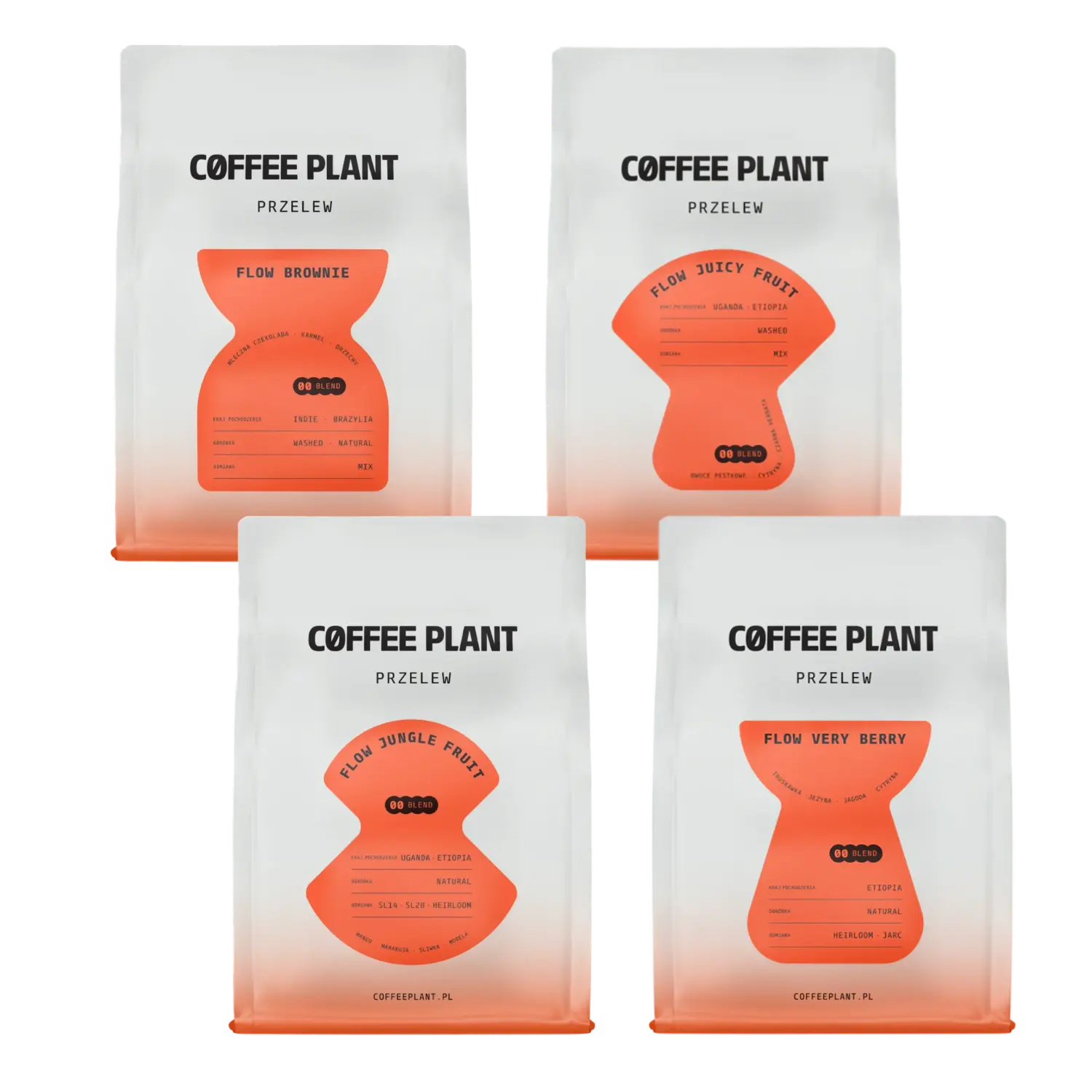 Fyra kaffepåsar från COFFEE PLANT på vit bakgrund.