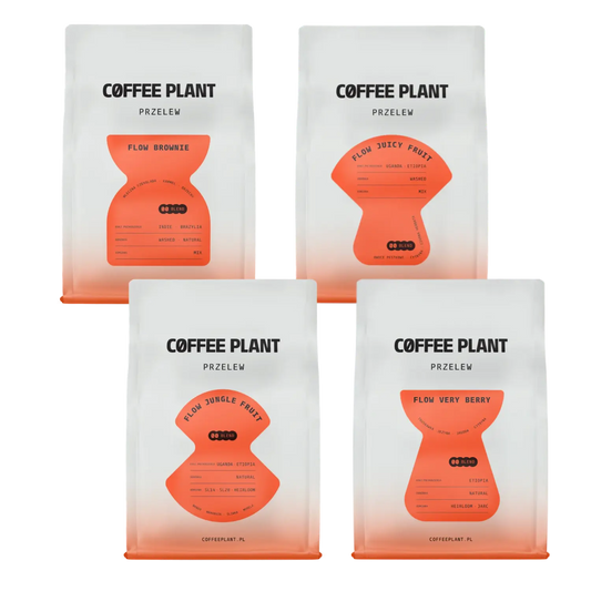 Fyra kaffepåsar från COFFEE PLANT på vit bakgrund.