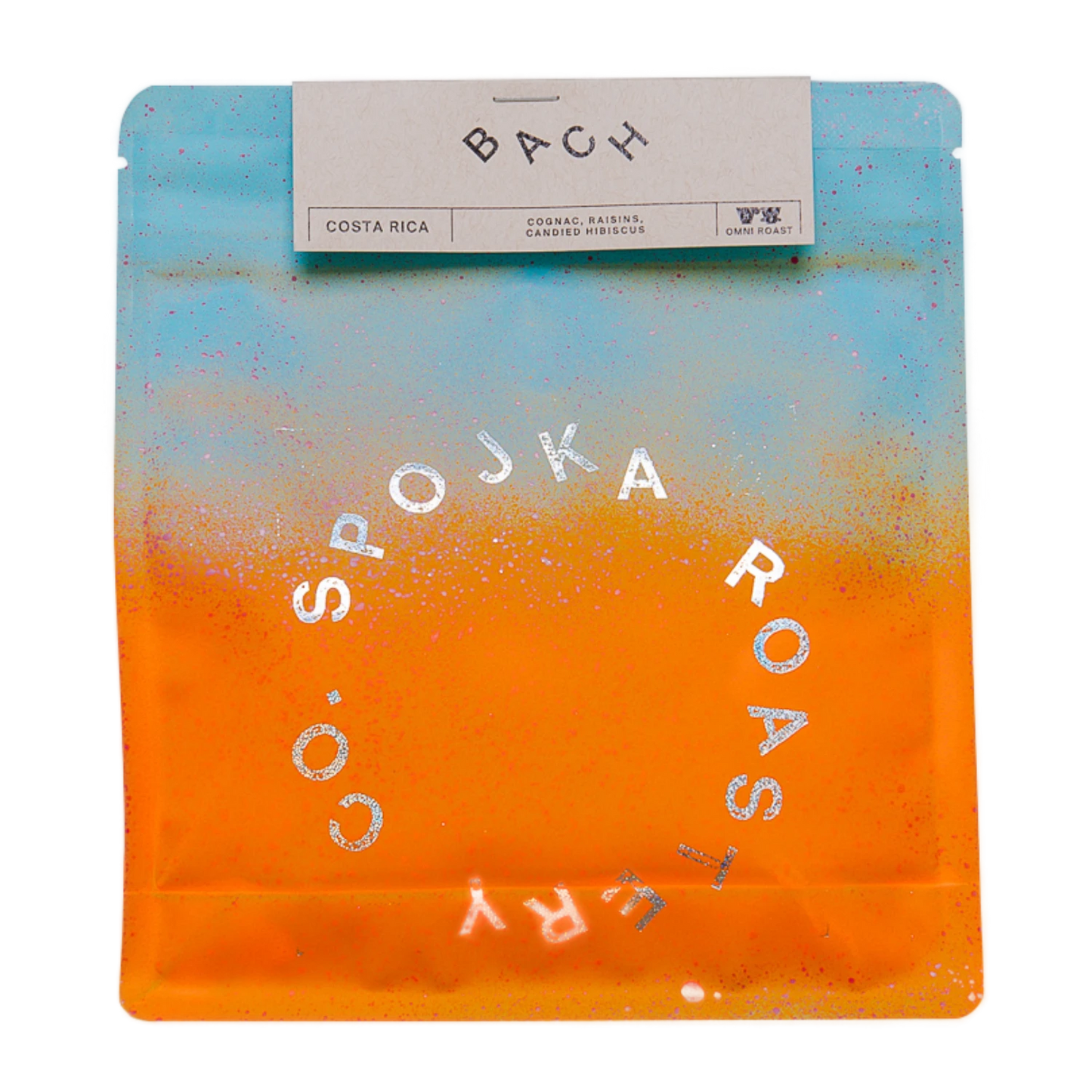 Spojka Roastery coffee packaging with gradient color and "BACH" text on a white background