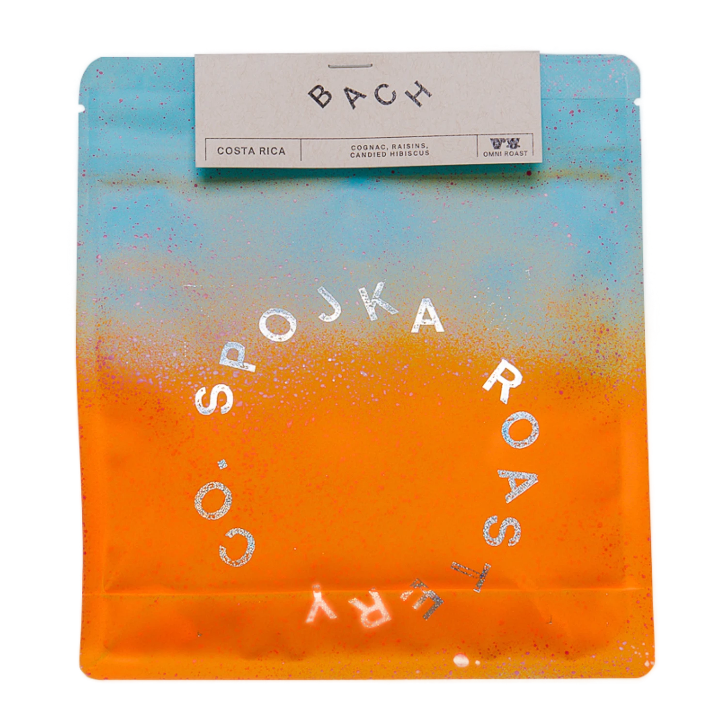 Spojka Roastery coffee packaging with gradient color and "BACH" text on a white background