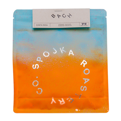 Spojka Roastery coffee packaging with gradient color and "BACH" text on a white background