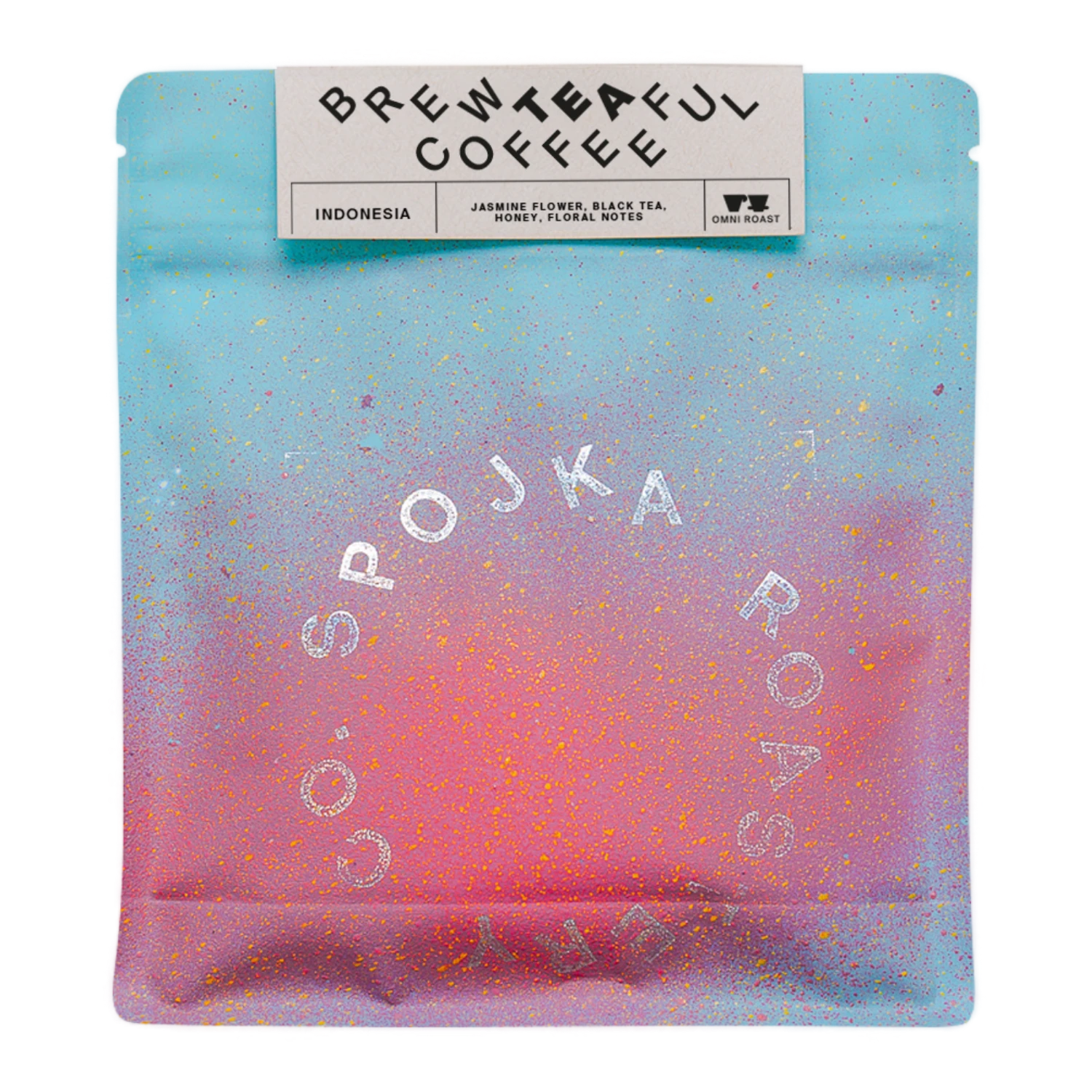 Packaged coffee with 'BREWTEAFUL COFFEE' and 'SPOJKA ROASTERY' branding on a gradient background