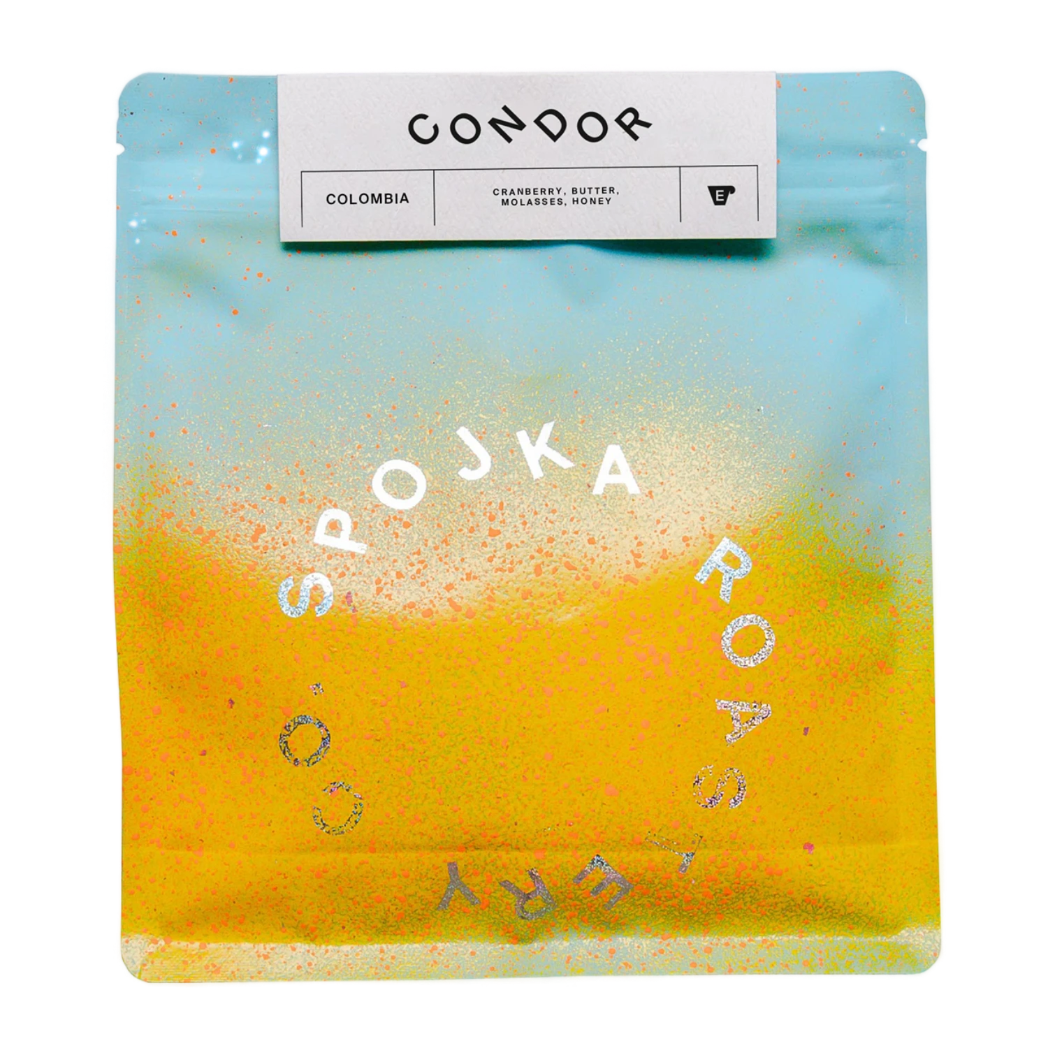 Spojka Roastery kaffeförpackning med gradientdesign och synlig logotyp på vit bakgrund.