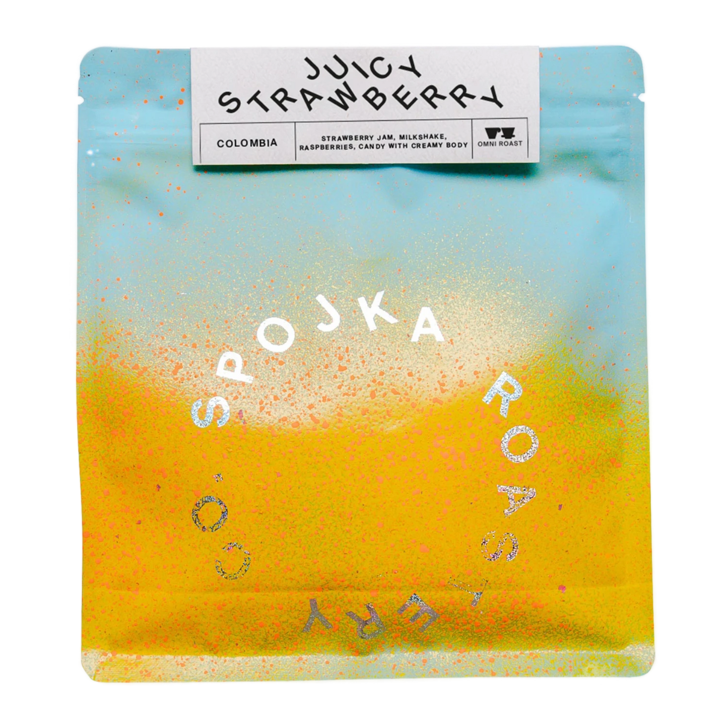 Coffee package with 'Juicy Strawberry' flavor and 'SPOJKA ROASTERY' branding on a white background