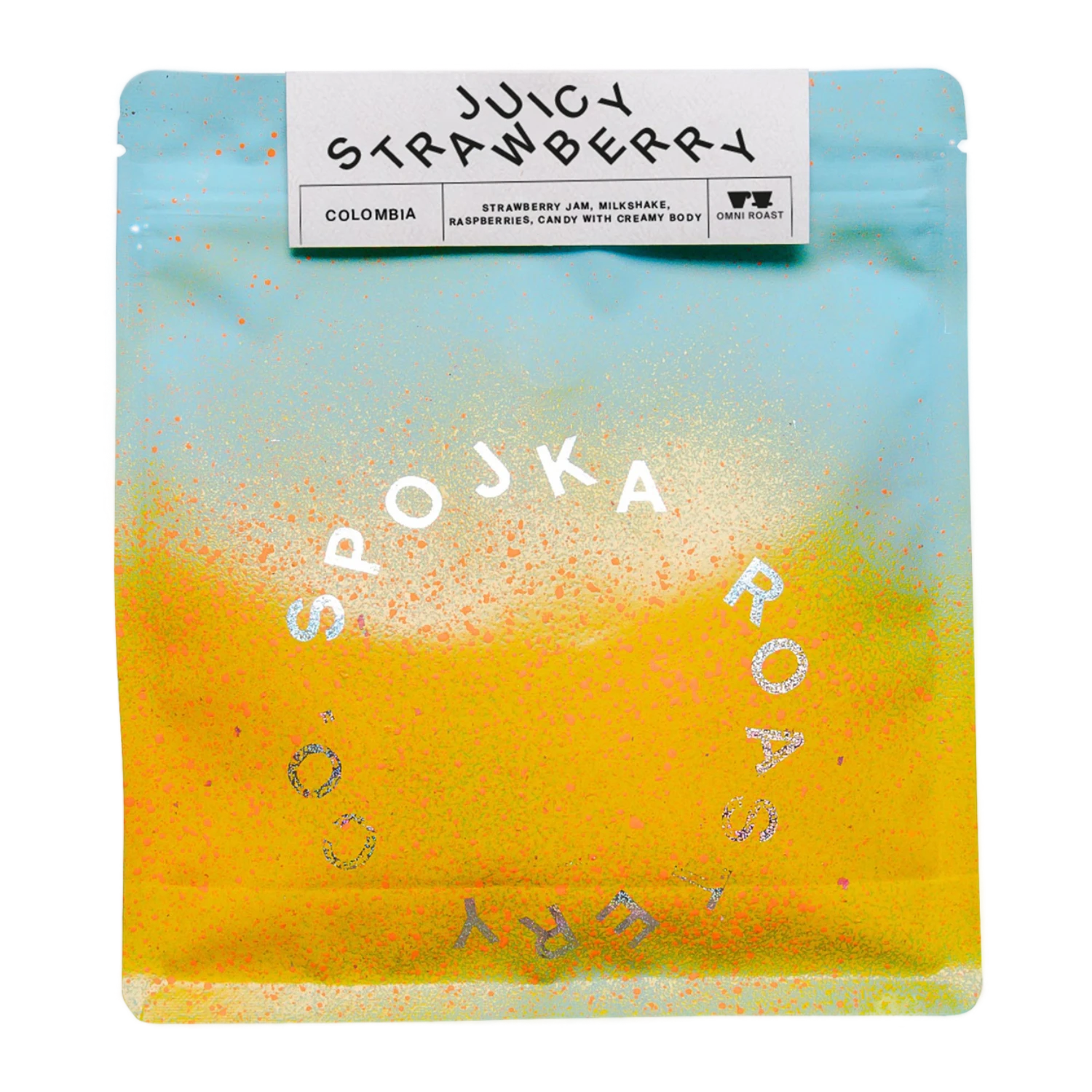 Coffee package with 'Juicy Strawberry' flavor and 'SPOJKA ROASTERY' branding on a white background