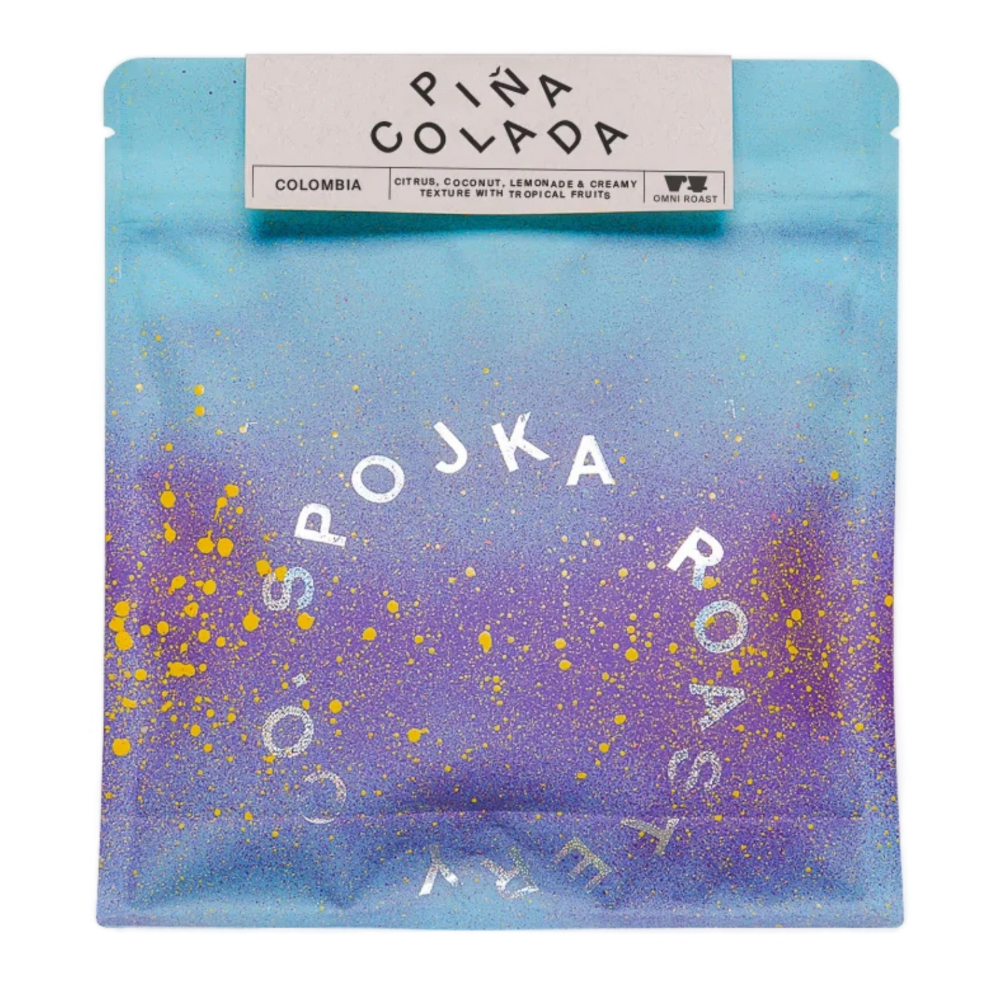Spojka Roastery PINA COLADA Colombia coffee bag with blue to purple gradient and yellow splatter