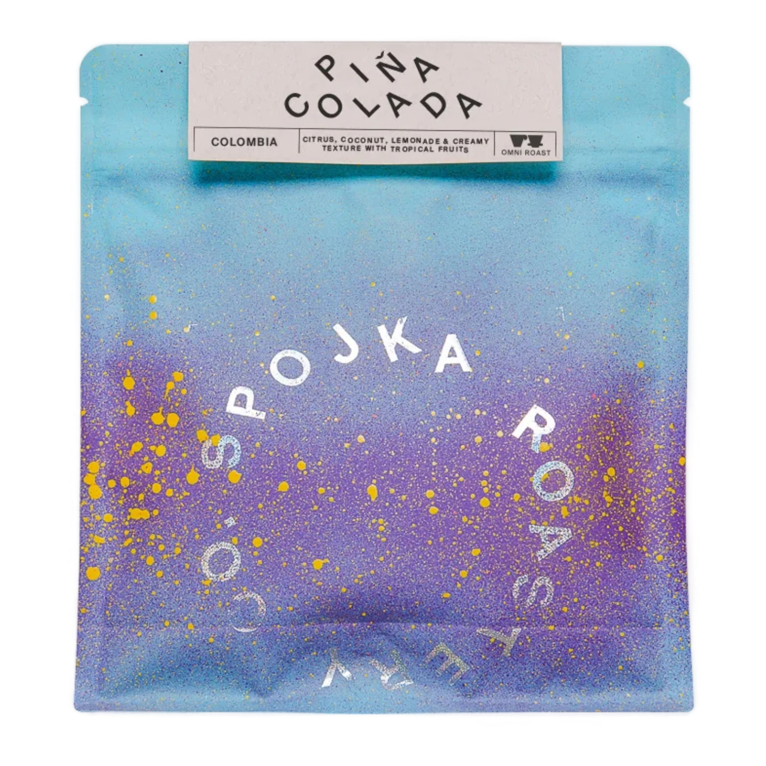 Spojka Roastery PINA COLADA Colombia coffee bag with blue to purple gradient and yellow splatter