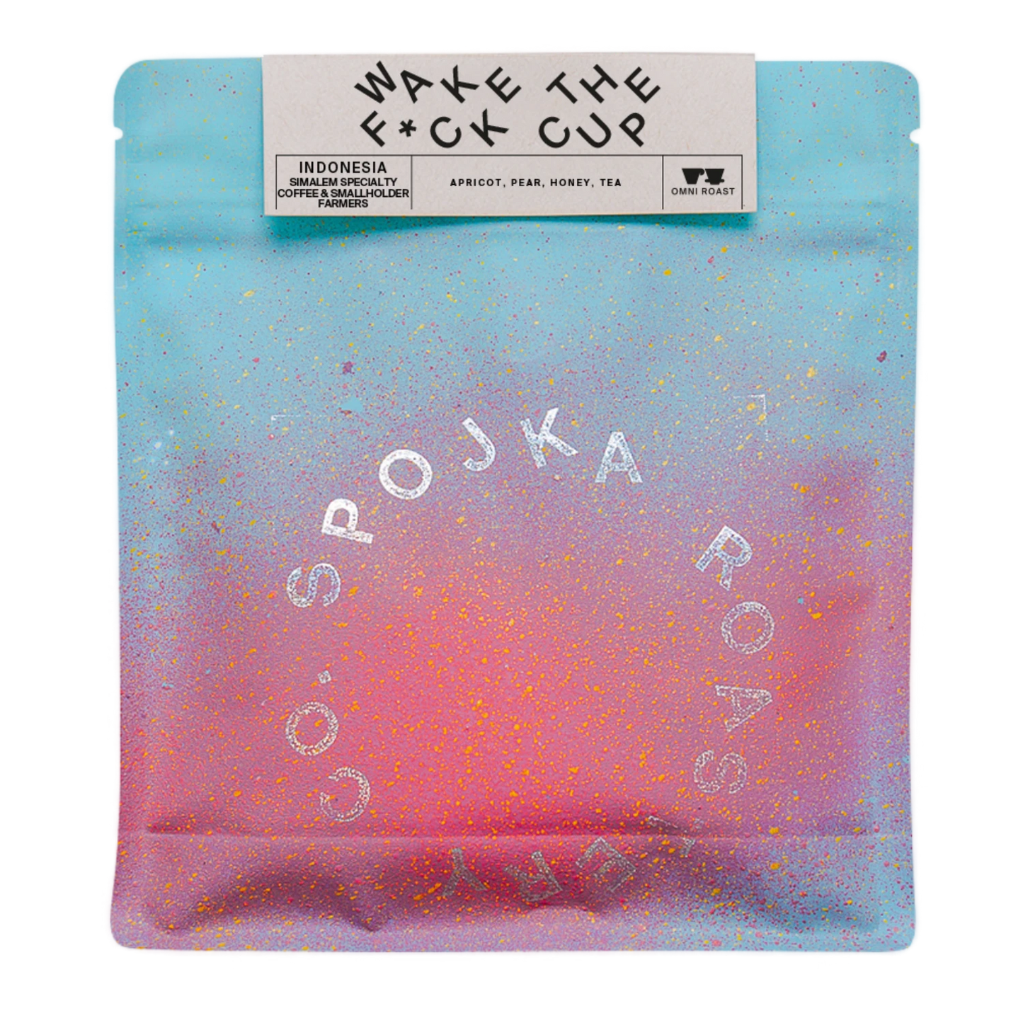 Packaged coffee with 'WAKE THE F*CK CUP' and 'SPOJKA ROASTERY' branding on a gradient background