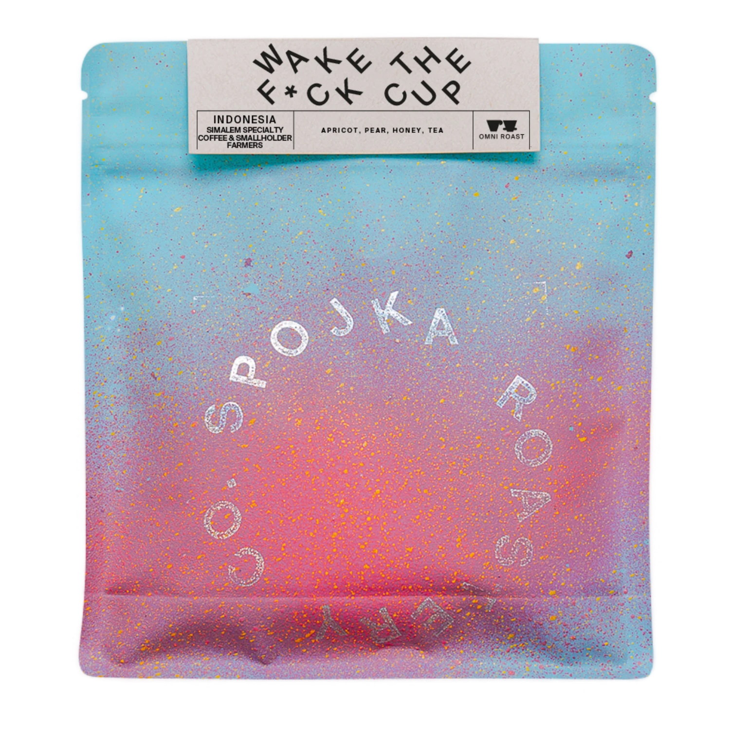 Packaged coffee with 'WAKE THE F*CK CUP' and 'SPOJKA ROASTERY' branding on a gradient background