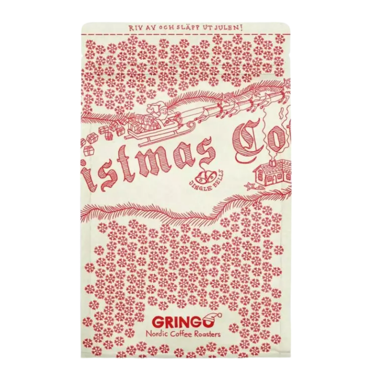 En rektangulär krämvit kaffepåse tryckt med en röd jul-temadesign som visar ett tåg, snö, granar och texten 'Christmas Co' och 'GRINGO Nordic Coffee Roasters'.