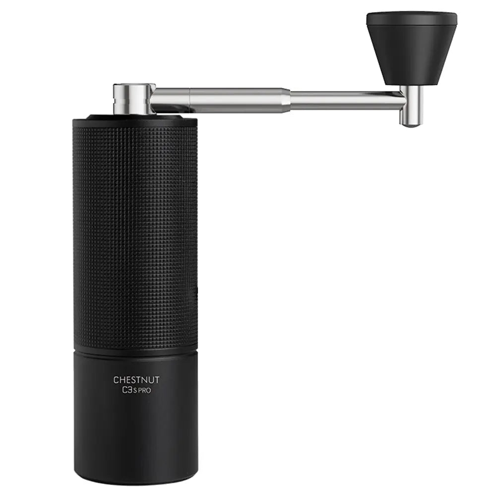 A studio product shot of the Timemore Chestnut C3S Pro manual coffee grinder against a plain white background. The grinder features a black textured aluminum body and a straight stainless steel crank handle with a black knob.