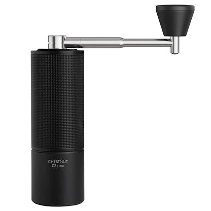 A studio product shot of the Timemore Chestnut C3S Pro manual coffee grinder against a plain white background. The grinder features a black textured aluminum body and a straight stainless steel crank handle with a black knob.