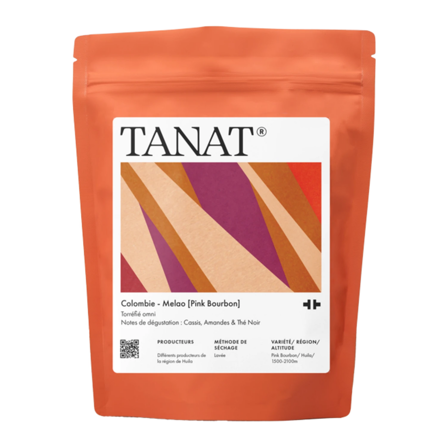 En ståpåse med TANAT Colombia - Melao (Pink Bourbon) hela bönor i terrakottaorange förpackning med en vit etikett med diagonala randiga mönster.