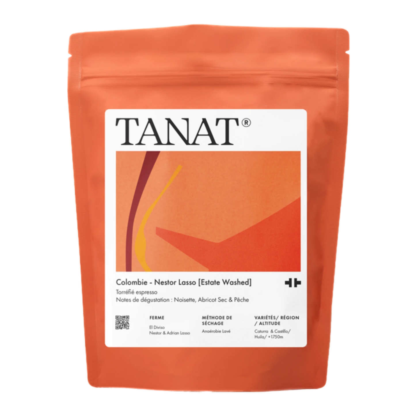 En ståpåse med TANAT Colombia Nestor Lasso Estate Washed-kaffe, i en skarp orange färg med en stor vit etikett på framsidan.