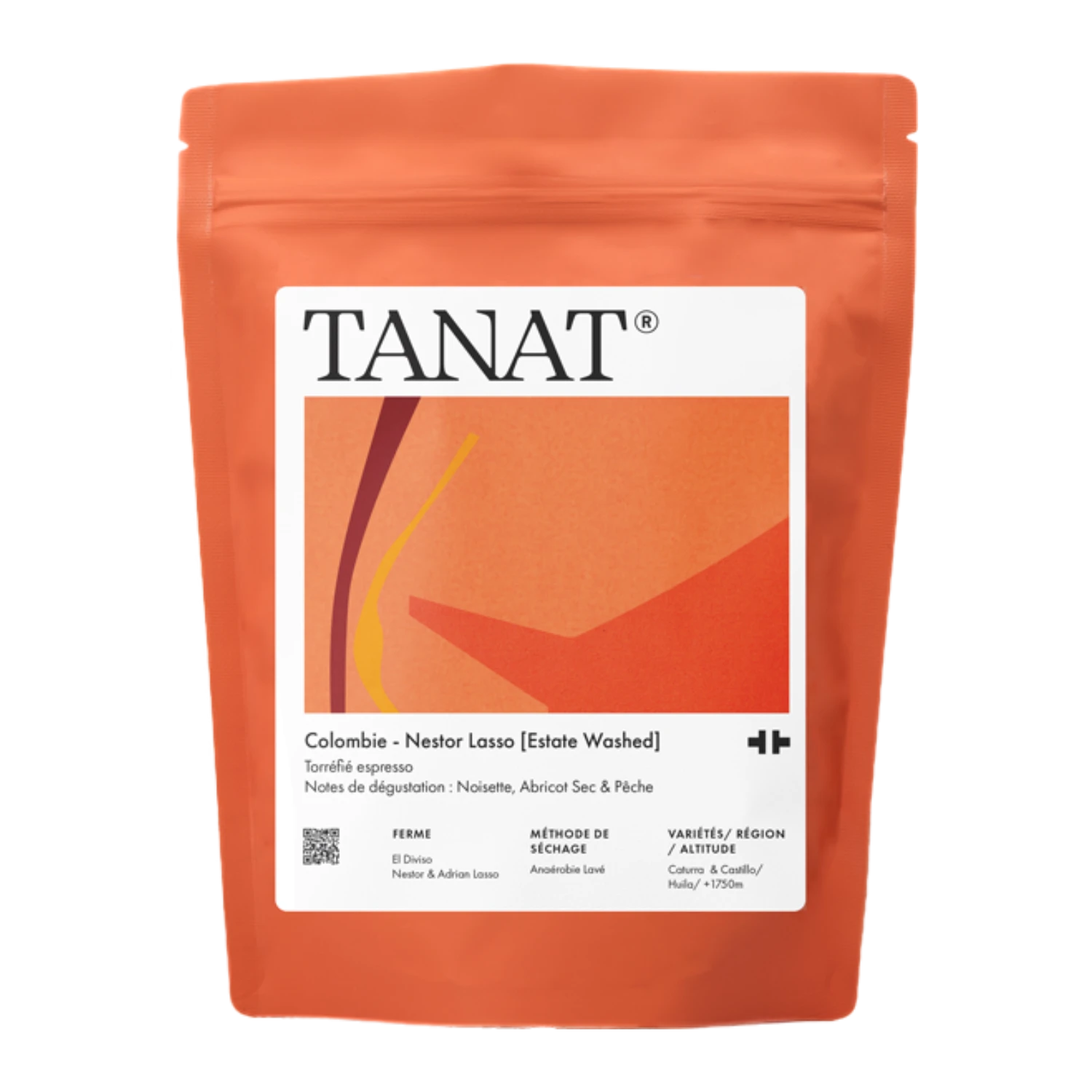 En ståpåse med TANAT Colombia Nestor Lasso Estate Washed-kaffe, i en skarp orange färg med en stor vit etikett på framsidan.
