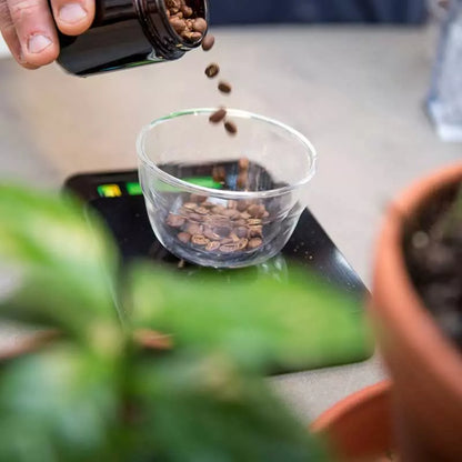 Närbild på kaffebönor som hälls i en glasskål på en digital våg.