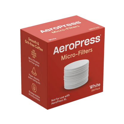 Red box of AeroPress Micro-Filters (350 pack) for smooth, grit-free coffee.
