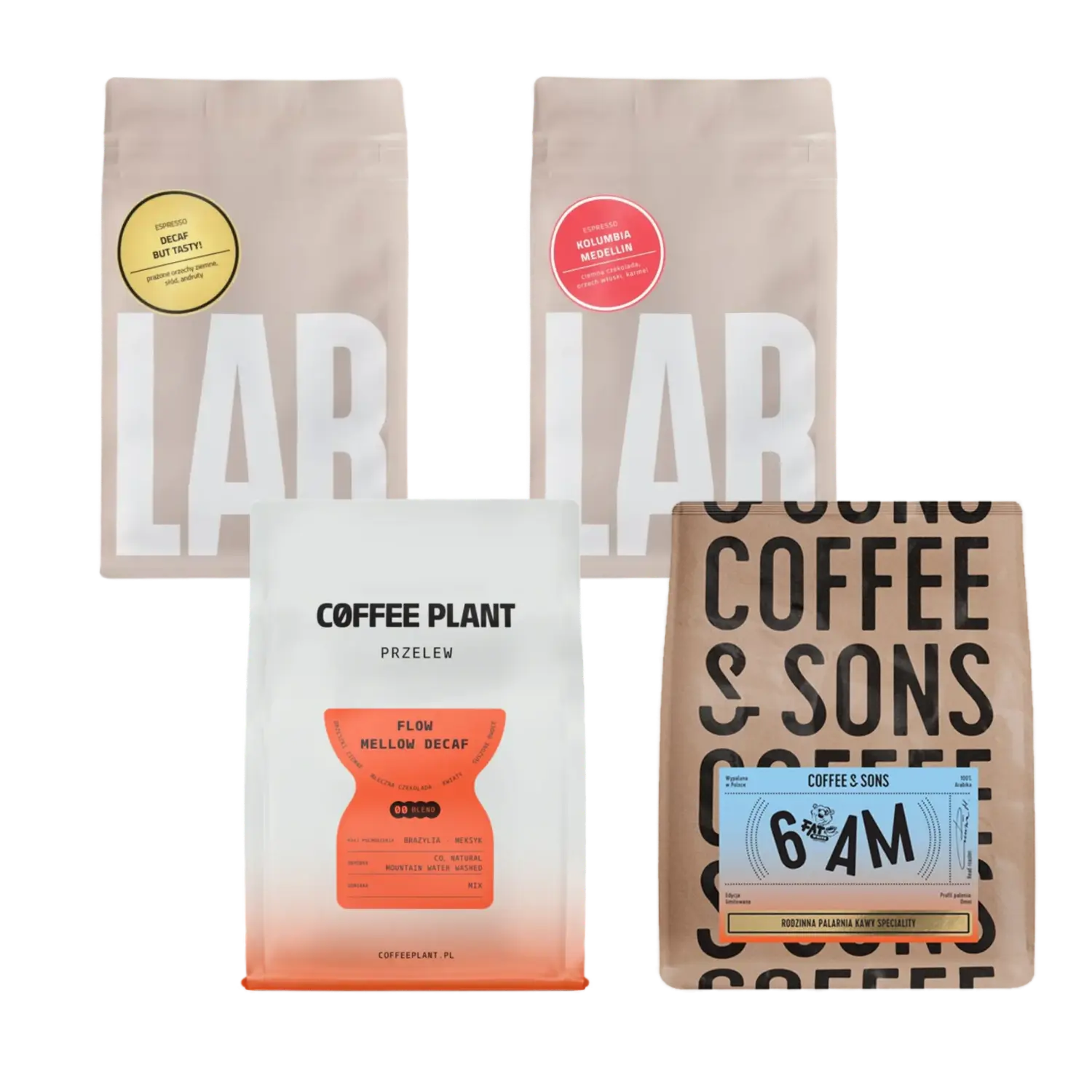 Four coffee packages from different brands on a white background