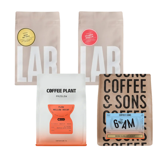 Four coffee packages from different brands on a white background