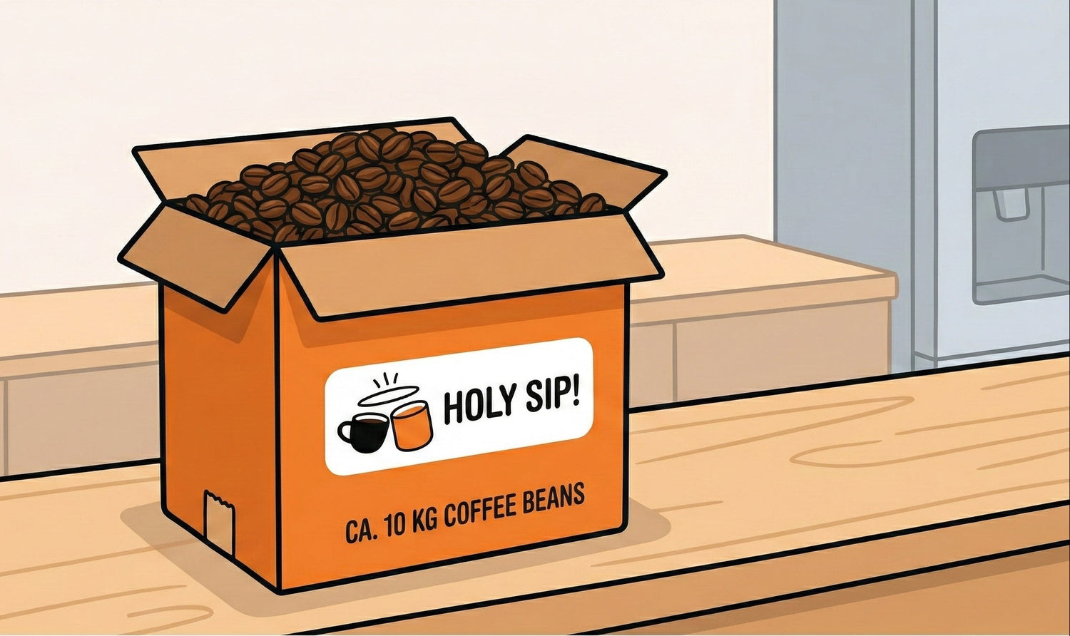 Tecknad kaffelåda med ”Holy Sip!”-varumärke på en köksbänk.
