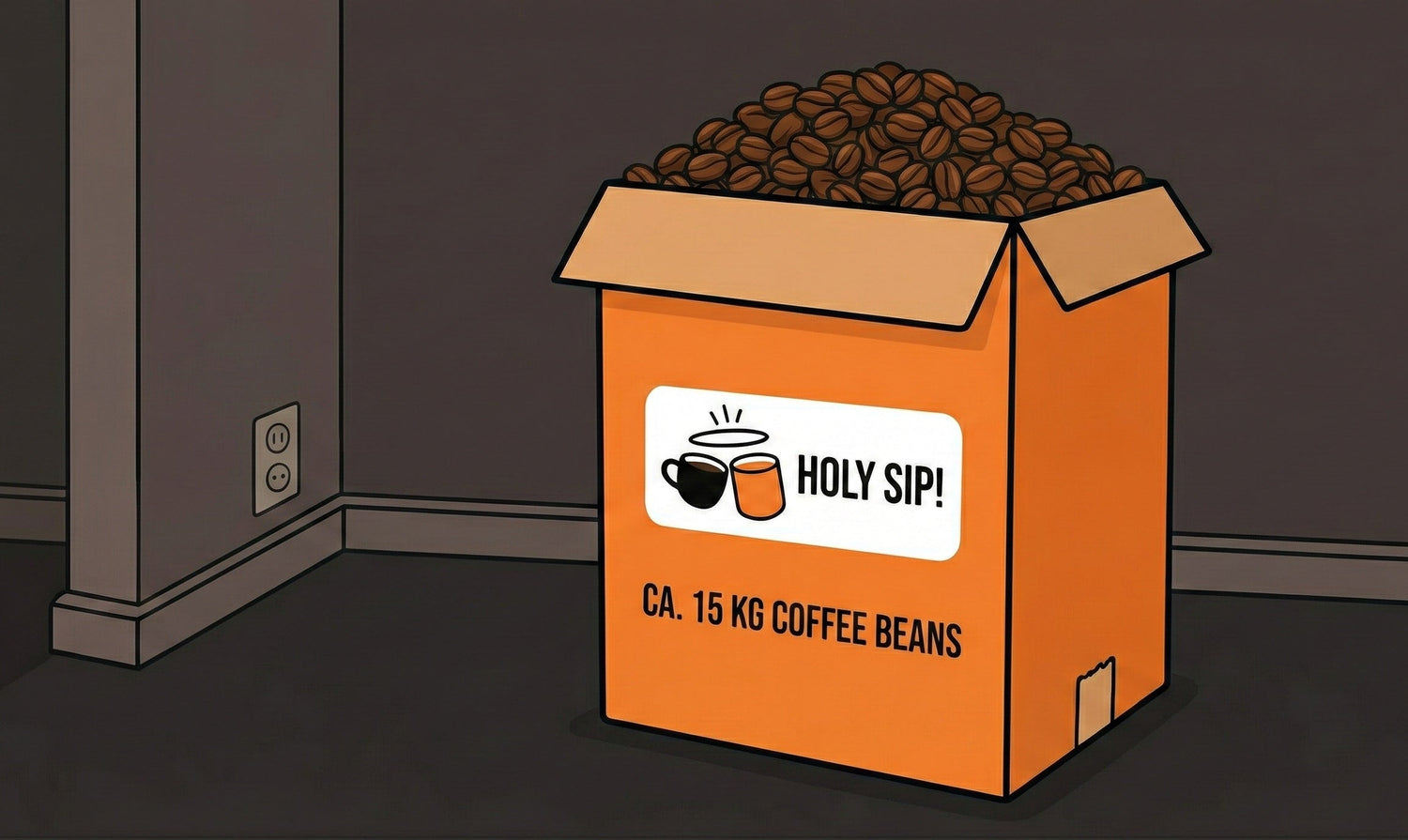 Tecknad illustration av en låda märkt ”Holy Sip” med kaffebönor inuti på en enkel bakgrund.