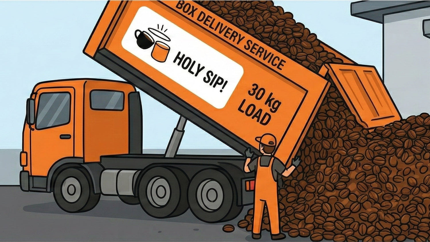 Tecknad lastbil som lossar kaffebönor med en arbetare i orange uniform.