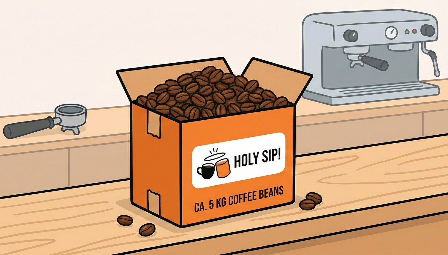 Tecknad illustration av en låda med kaffebönor tillsammans med en kaffemaskin och kaffekvarn på en träyta.