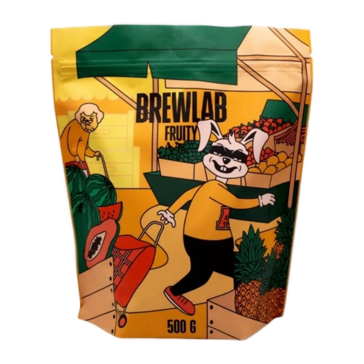 Färgglad CoffeeLab-påse ”Brewlab Fruity Filter” med en tecknad vit kanin.