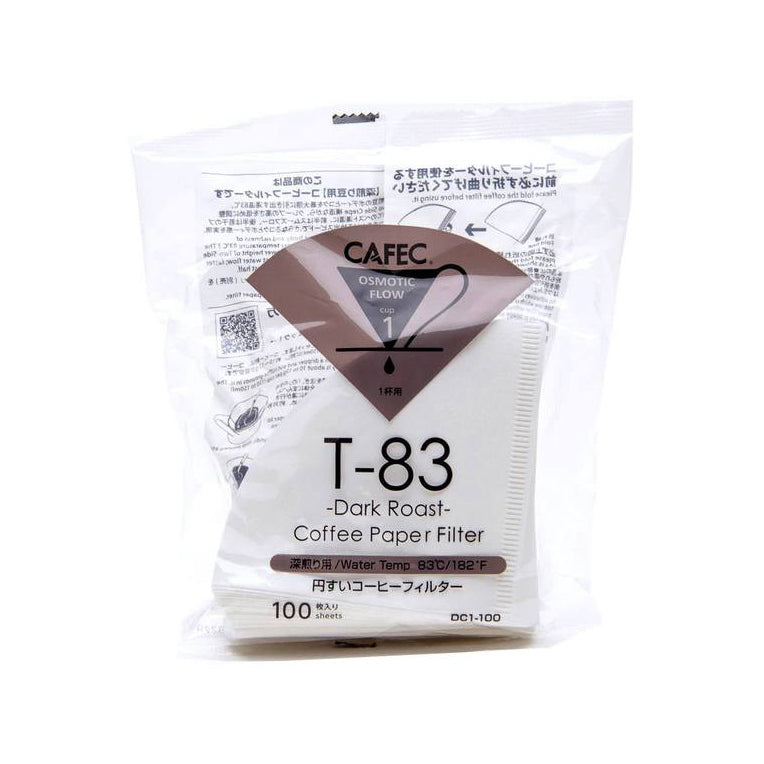 Ett paket Cafec T-83 pappersfilter för mörkrost kaffe på vit bakgrund.