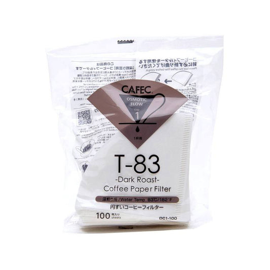 Ett paket Cafec T-83 pappersfilter för mörkrost kaffe på vit bakgrund.